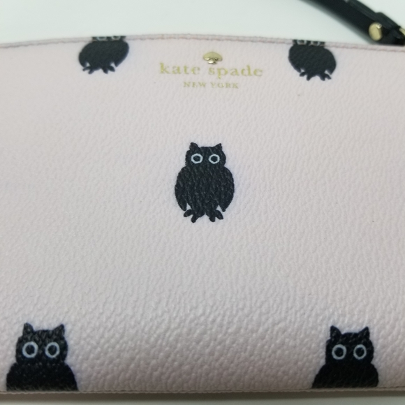 Kate Spade Light Pink & Black Owl Printed Wristlet Clutch ♠️ Novelty Bag - Picture 6 of 10
